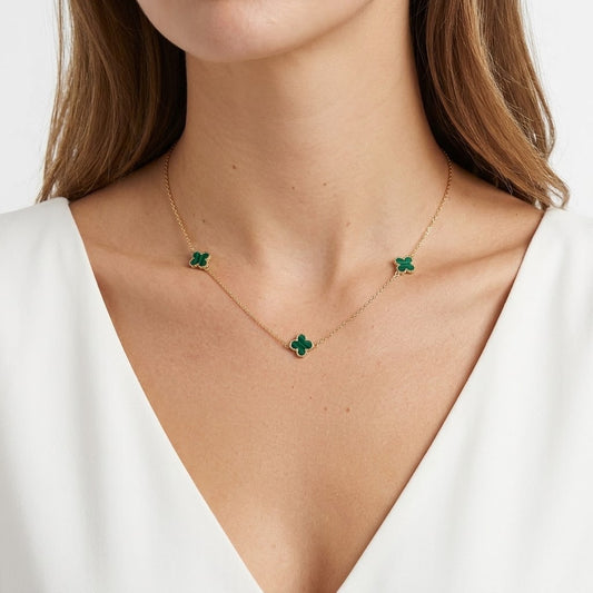Malachite Mini Clover Necklace 9ct Yellow Gold