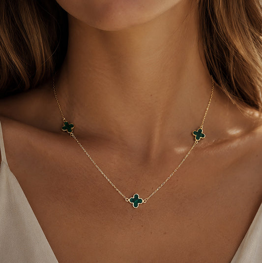 Malachite Mini Clover Necklace 9ct Yellow Gold