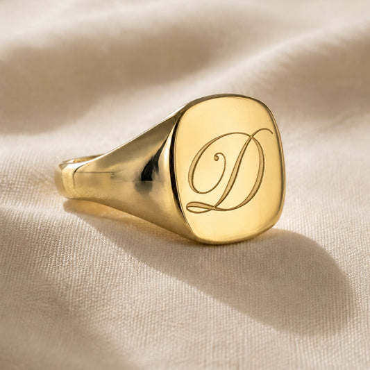Star Jewellers Cushion Shape Signet Ring personalised with an engraved script initial