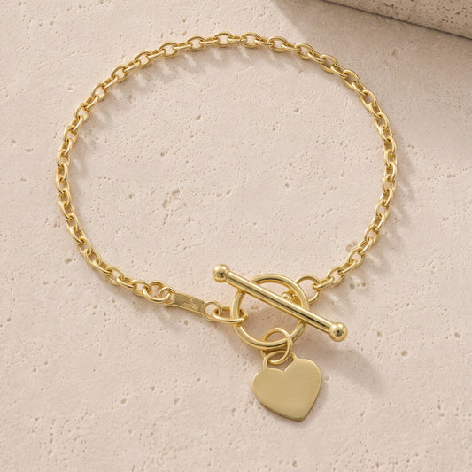 Mini Heart & T-Bar Bracelet Engraveable 9ct Yellow Gold