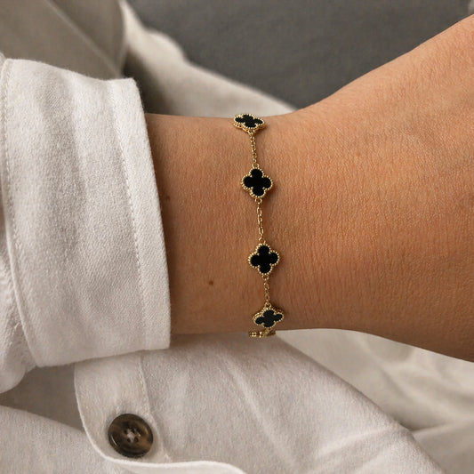 Four Clover Bracelet 14ct Gold Plated & Black Onyx