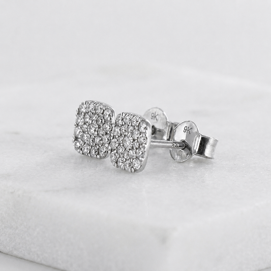 Diamond Cluster Cushion Studs 9ct White Gold
