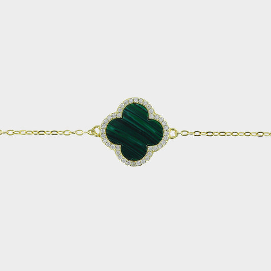 Malachite Clover Bracelet 14ct Gold Plated