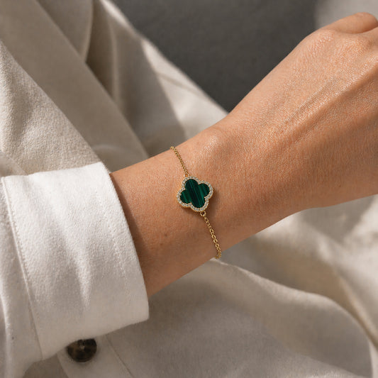 Malachite Clover Bracelet 14ct Gold Plated