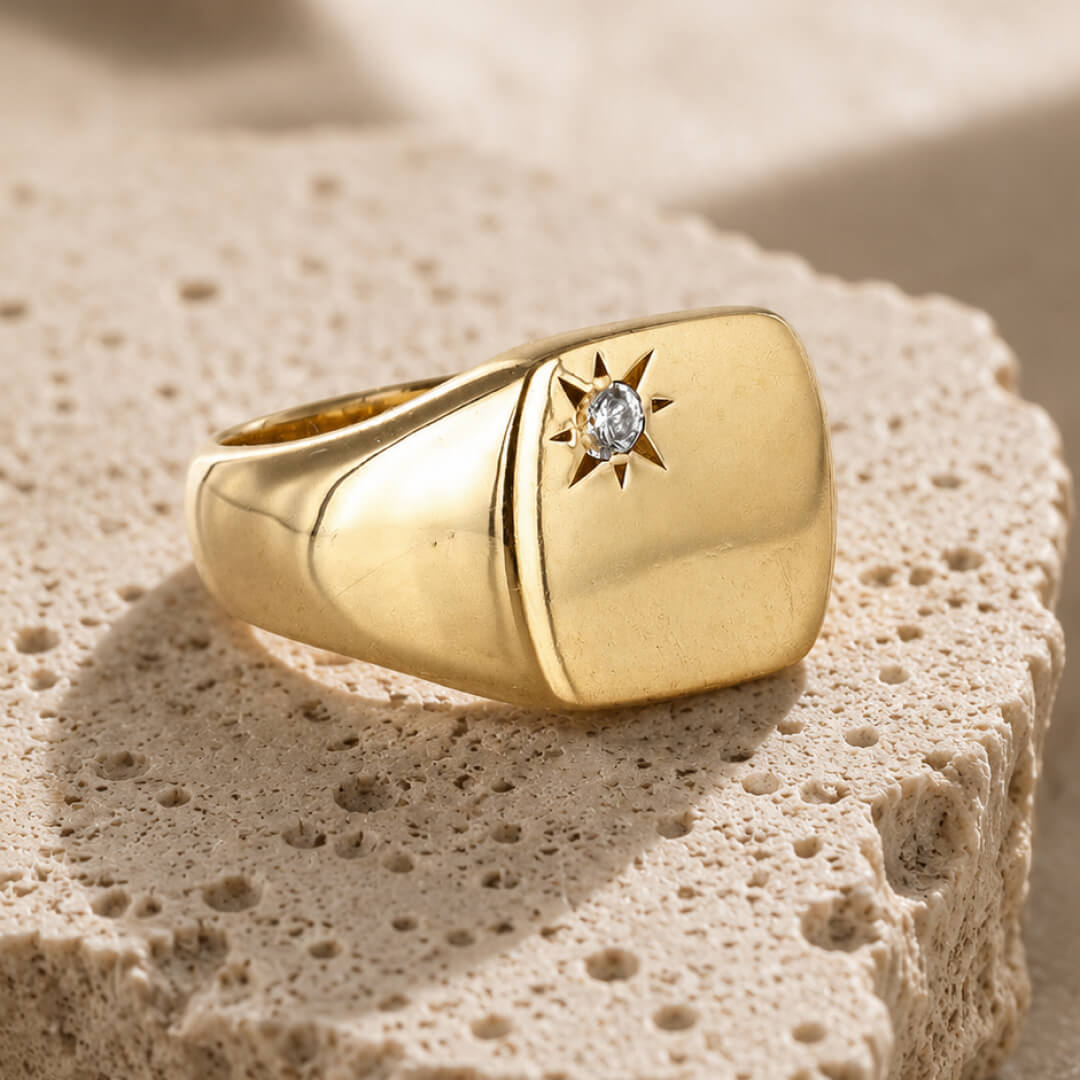 Star Jewellers Cushion-Shaped Diamond Signet Ring with star-set diamond detail
