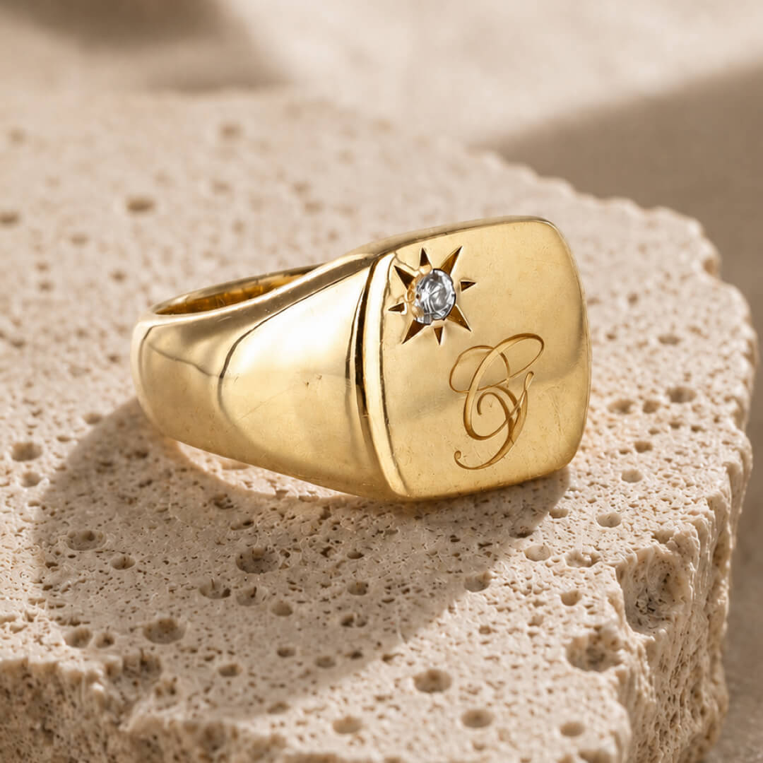 Star Jewellers Cushion-Shaped Diamond Signet Ring personalised with an engraved initial