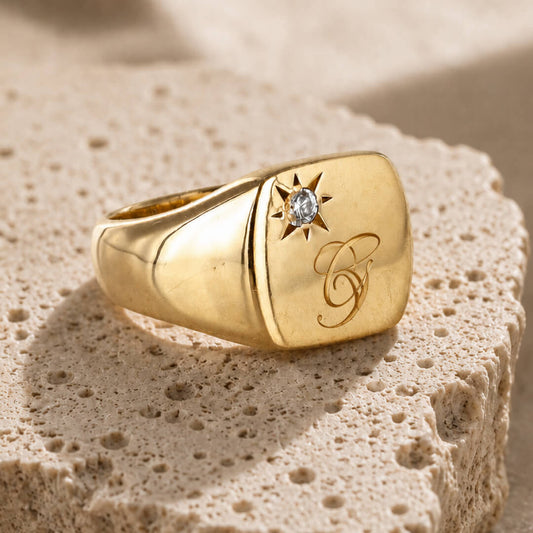 Star Jewellers Cushion-Shaped Diamond Signet Ring personalised with an engraved initial