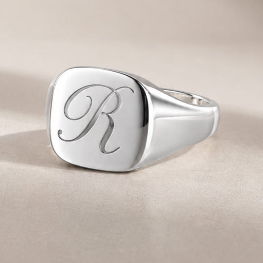 Star Jewellers Cushion-Shaped Silver Signet Ring personalised with an engraved script initial