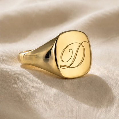 Star Jewellers Cushion Shape Signet Ring personalised with an engraved script initial
