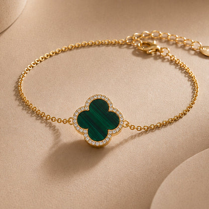 Star Jewellers Mala Clover Bracelet in gold with green malachite clover and crystal surround