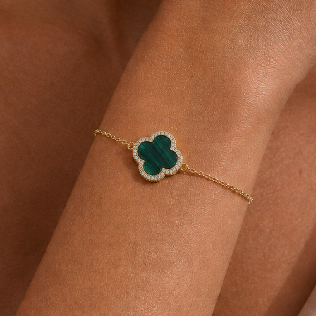 Star Jewellers Mala Clover Bracelet worn on the wrist with green malachite clover centre