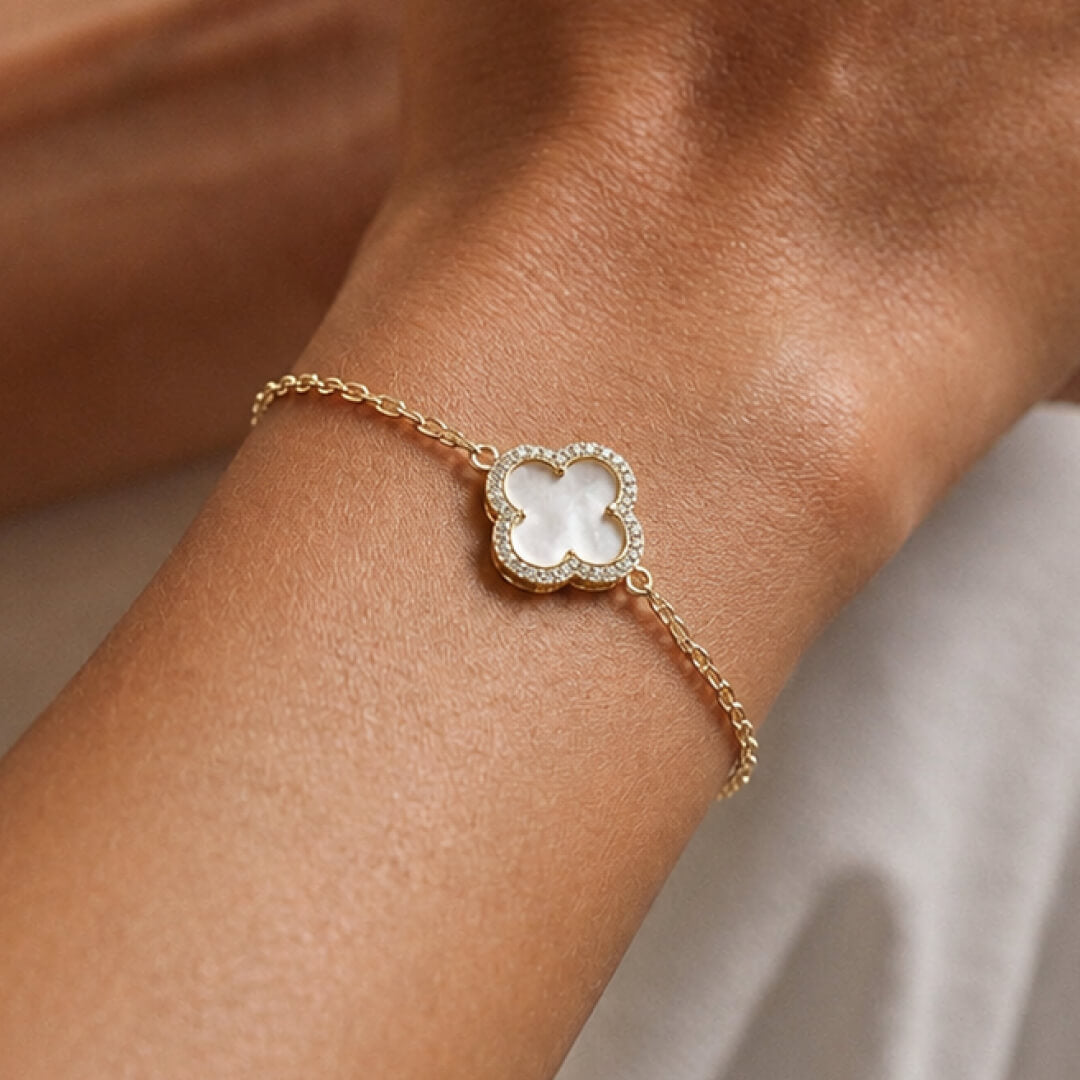 Star Jewellers Mother of Pearl Clover Bracelet worn on the wrist with crystal clover detail