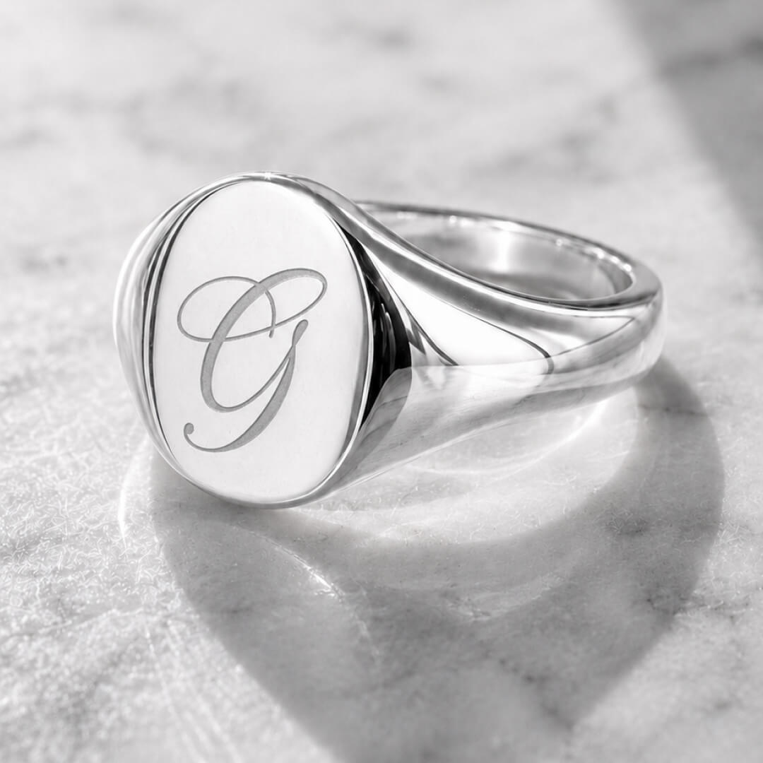 Star Jewellers Oval Shape Silver Signet Ring personalised with an engraved script initial