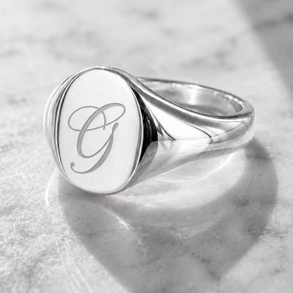 Star Jewellers Oval Shape Silver Signet Ring personalised with an engraved script initial