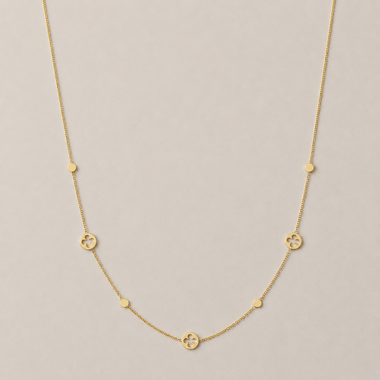 Clover & Disc Necklace 9ct Yellow Gold